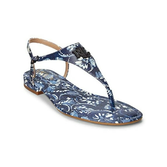 RALPH LAUREN Womens Navy Floral Comfort Logo Ellington Round Toe Buckle Thong Sandals Shoes 7.5 B