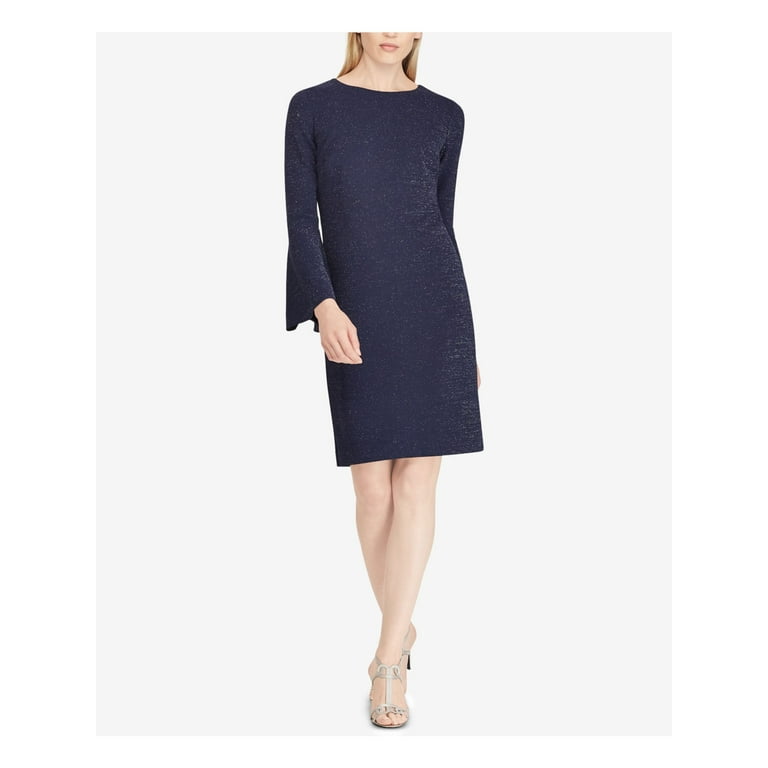 RALPH LAUREN Womens Navy Metallic Ponte Bell Sleeve V Neck Above The Knee  Wear To Work Sheath Dress 12