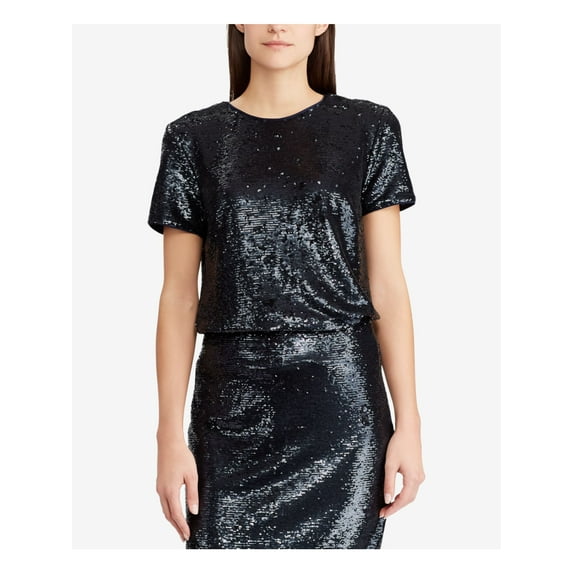 RALPH LAUREN Womens Navy Sequined Short Sleeve Crew Neck Top 2XS