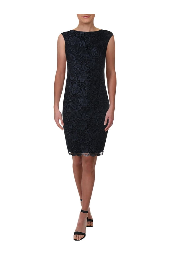 Womens Navy Sleeveless Boat Neck Mini Evening Sheath Dress 10