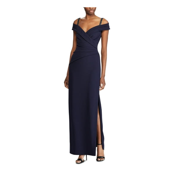 RALPH LAUREN Womens Navy Spaghetti Strap Full-Length Fit + Flare Evening Dress 2