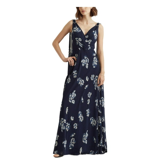 RALPH LAUREN Womens Navy Zippered Embellished V-back Cape Shoulder Lined Floral Sleeveless Surplice Neckline Full-Length Evening Gown Dress 4