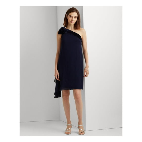 RALPH LAUREN Womens Navy Zippered Sheer Bow Detail Draped Chiffon Lined Sleeveless Asymmetrical Neckline Above The Knee Cocktail Sheath Dress 14
