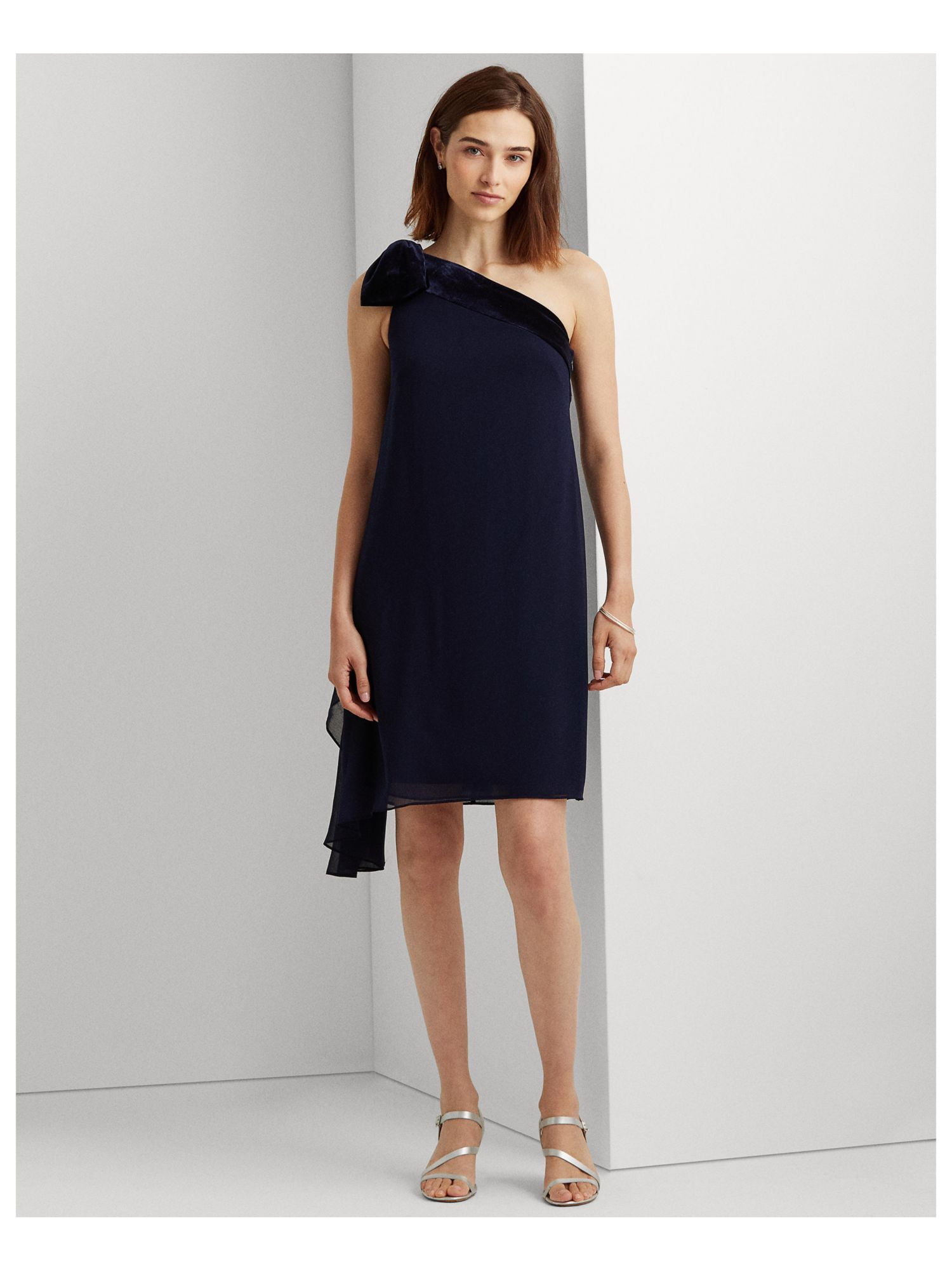 navy blue dress for baby girl RALPH LAUREN Womens Navy Zippered Sheer Bow Detail Draped Chiffon Lined  Sleeveless Asymmetrical Neckline Above The Knee Cocktail Sheath Dress 2
