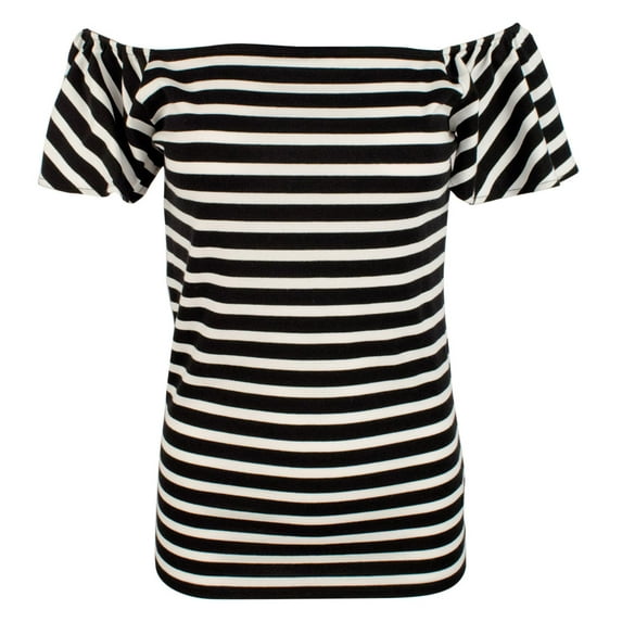 RALPH LAUREN Womens New 1148 Black Striped Off Shoulder Short Sleeve Top L B+B