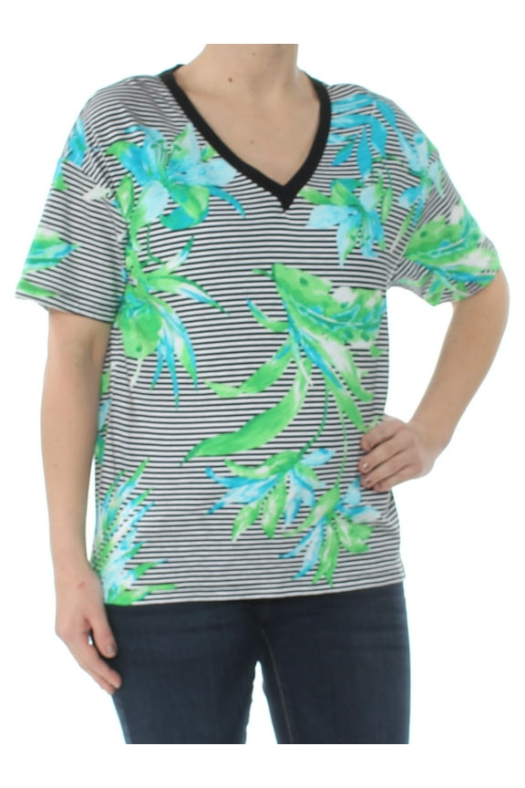 Womens New 2070 Black Pinstripe Floral Top XS Petites B+B