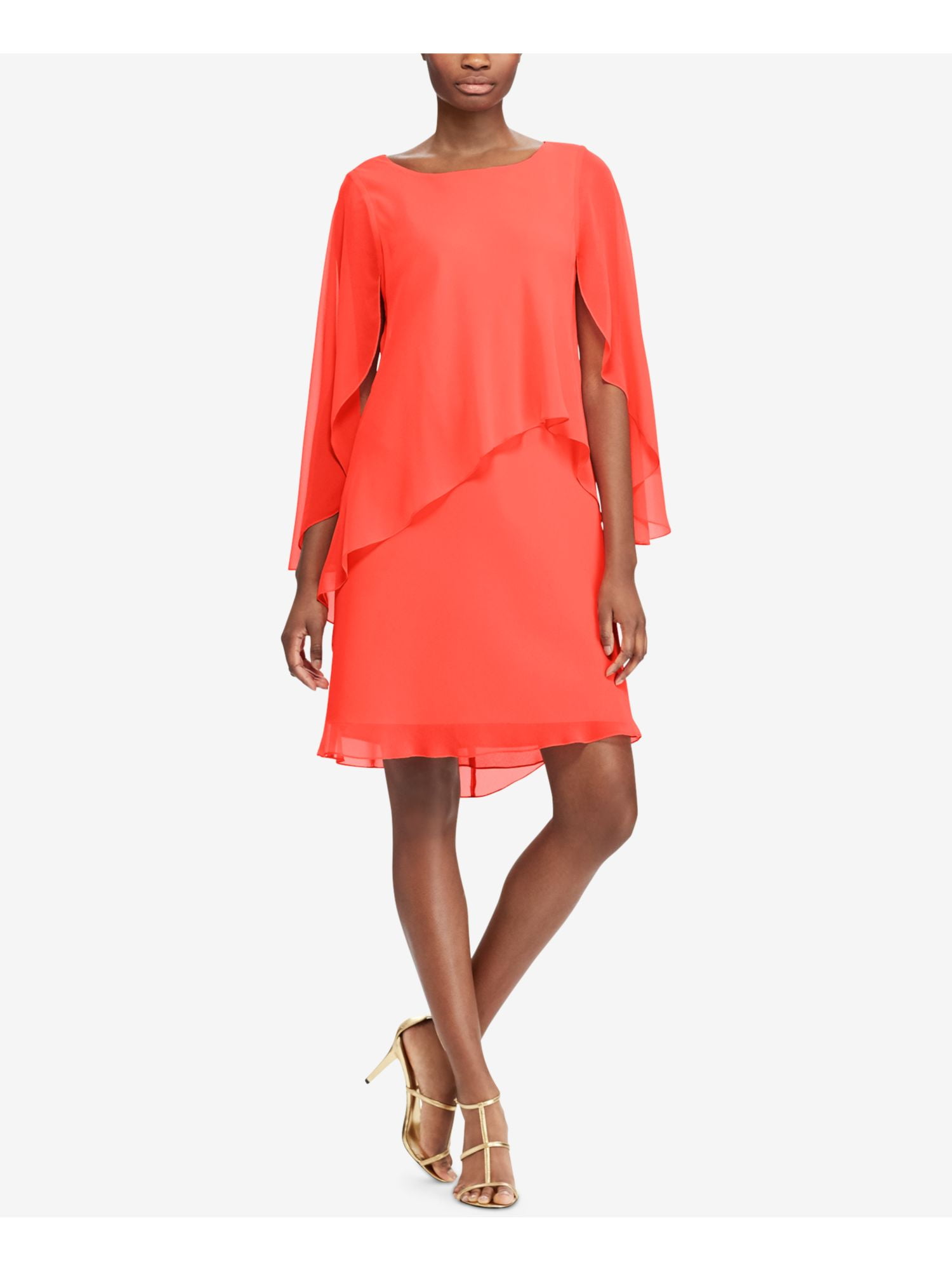 RALPH LAUREN Womens Orange Layered Kimono Sleeve Jewel Neck Above The Knee Evening Shift Dress 2 Walmart