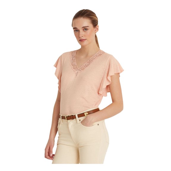 RALPH LAUREN Womens Pink Flutter Sleeve V Neck Wear To Work Top Petites PM/M