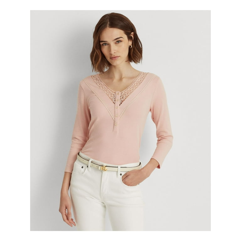 RALPH LAUREN Womens Pink Lace Henley Neck Logo Button Front 3 4