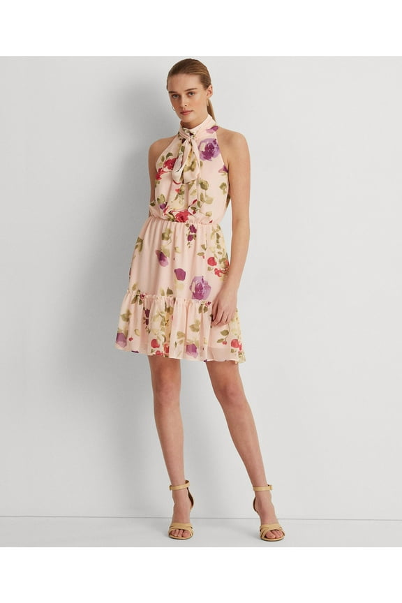 Womens Pink Ruffled Keyhole Back Elastic Waist Lined Floral Sleeveless Tie Neck Above The Knee Party Fit + Flare Dress 12