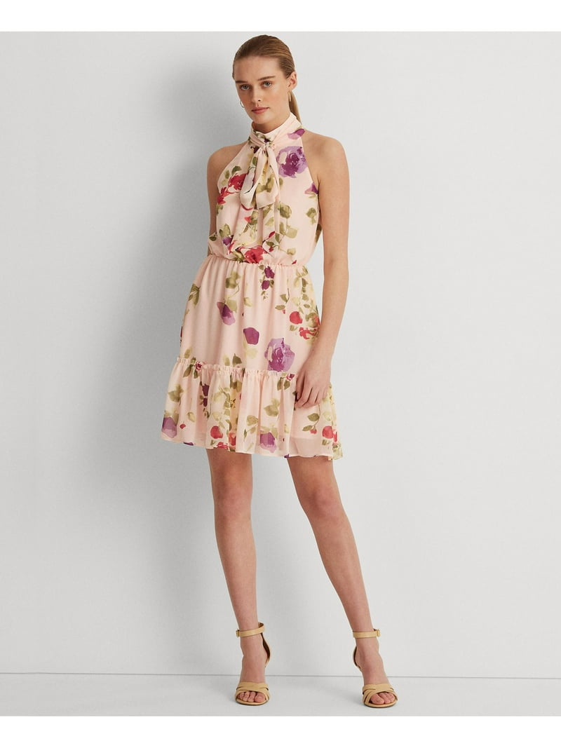 ワンピース Ralph Lauren Dress Pink Sand RALPH LAUREN Womens Pink Ruffled Keyhole Back Elastic Waist