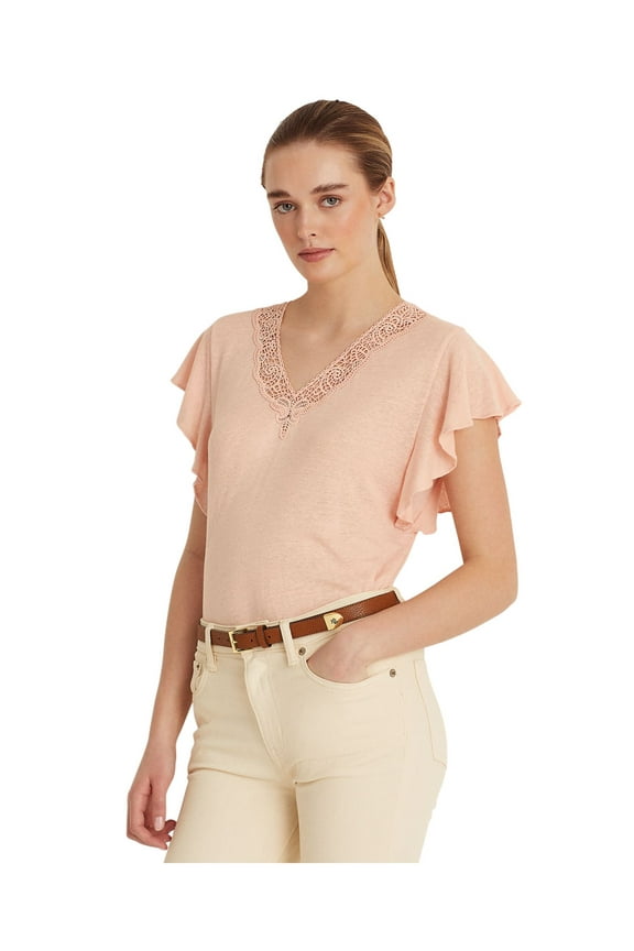 Womens Pink Sheer Flutter Sleeve V Neck Top L