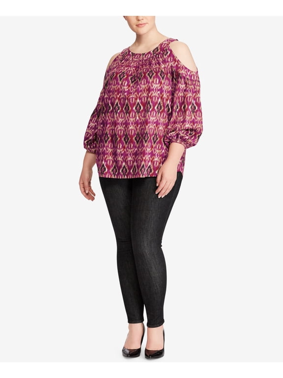 Womens Purple Cold Shoulder Elastic Cuffs Printed Blouson Sleeve Round Neck Top Plus 1X