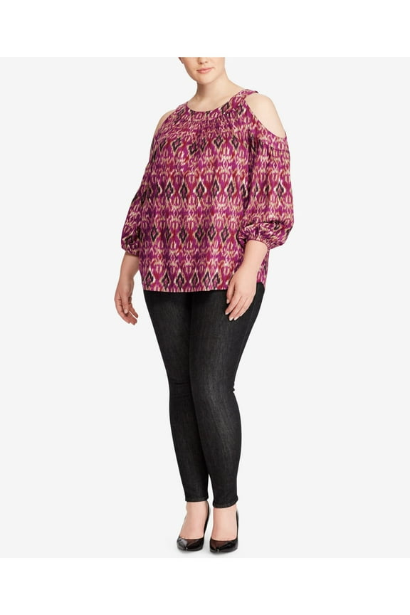 Womens Purple Cold Shoulder Elastic Cuffs Printed Blouson Sleeve Round Neck Top Plus 1X