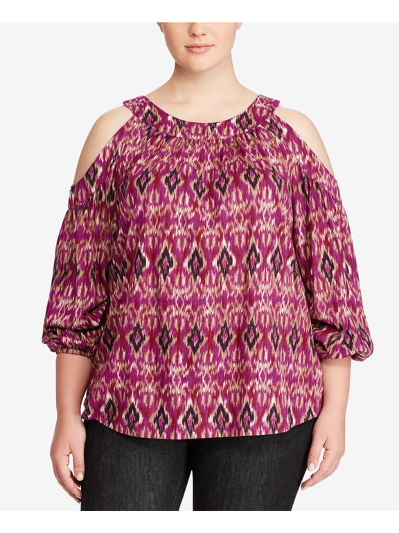 RALPH LAUREN Womens Purple Cold Shoulder Elastic Cuffs Printed Blouson Sleeve Round Neck Top Plus 2X