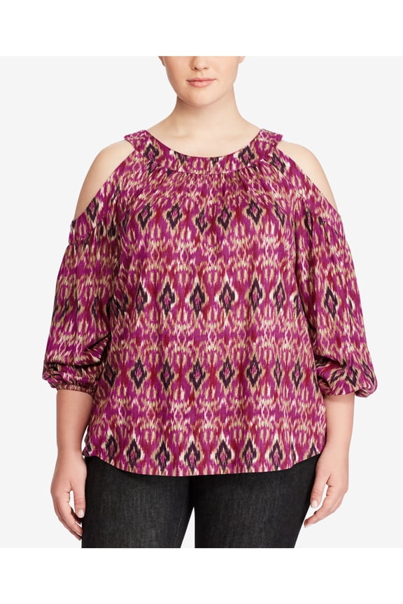 RALPH LAUREN Womens Purple Cold Shoulder Elastic Cuffs Printed Blouson Sleeve Round Neck Top Plus 2X