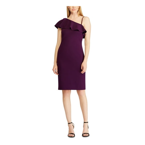 RALPH LAUREN Womens Purple Embellished Short Sleeve Asymmetrical Neckline Short Cocktail Sheath Dress 2