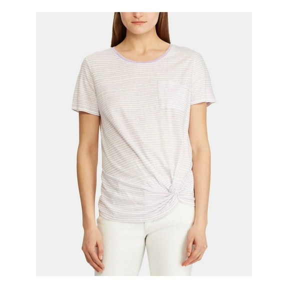 RALPH LAUREN Womens Purple Pocketed  Knot-front Striped Short Sleeve T-Shirt S