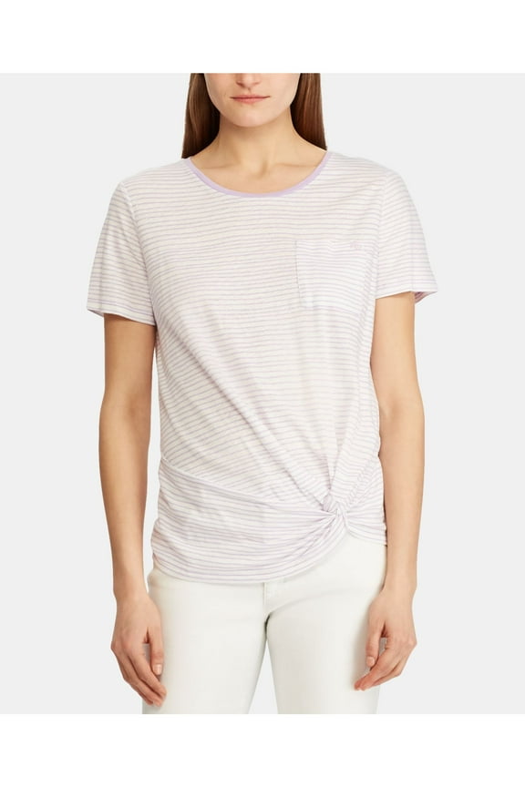 Womens Purple Pocketed Knot-front Striped Short Sleeve T-Shirt S