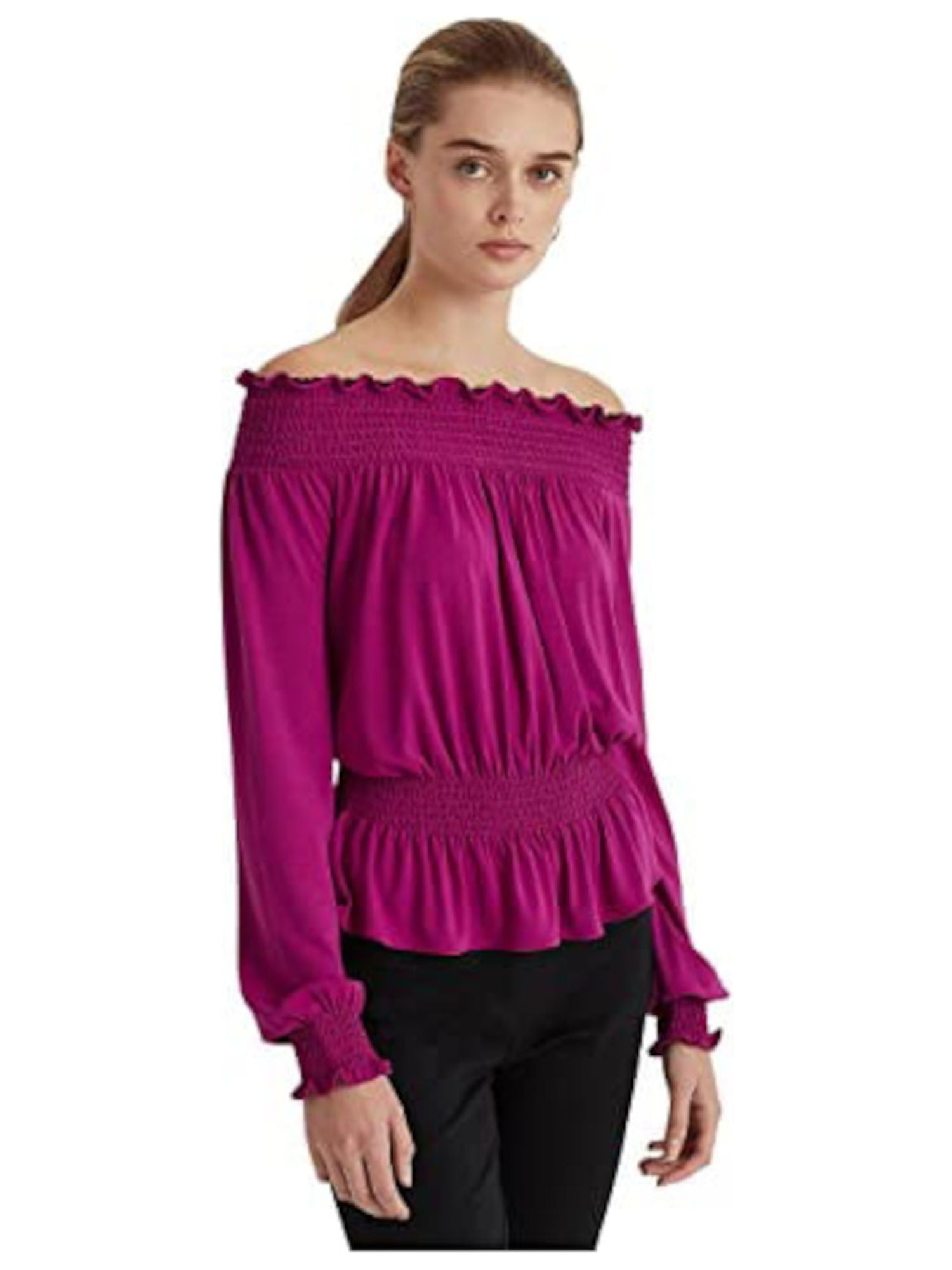 RALPH LAUREN Womens Purple Smocked Pleated Long Sleeve Off