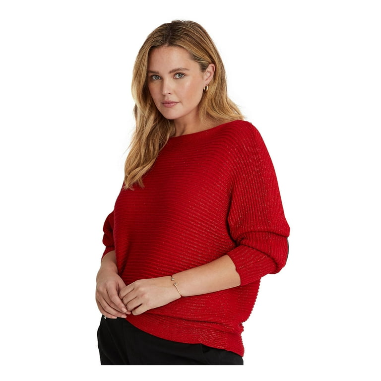 RALPH LAUREN Womens Red Knit Glitter Ribbed Dolman Sleeve Boat Neck Sweater  L