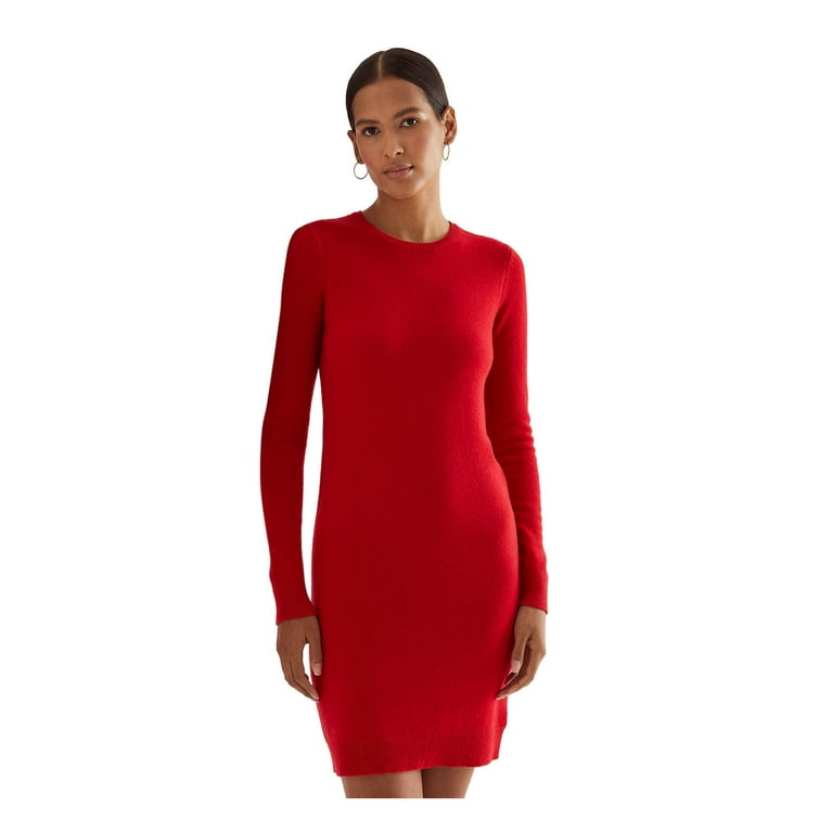 RALPH LAUREN Womens Red Ribbed Fitted Unlined Long Sleeve Crew Neck Above  The Knee Sweater Dress M 