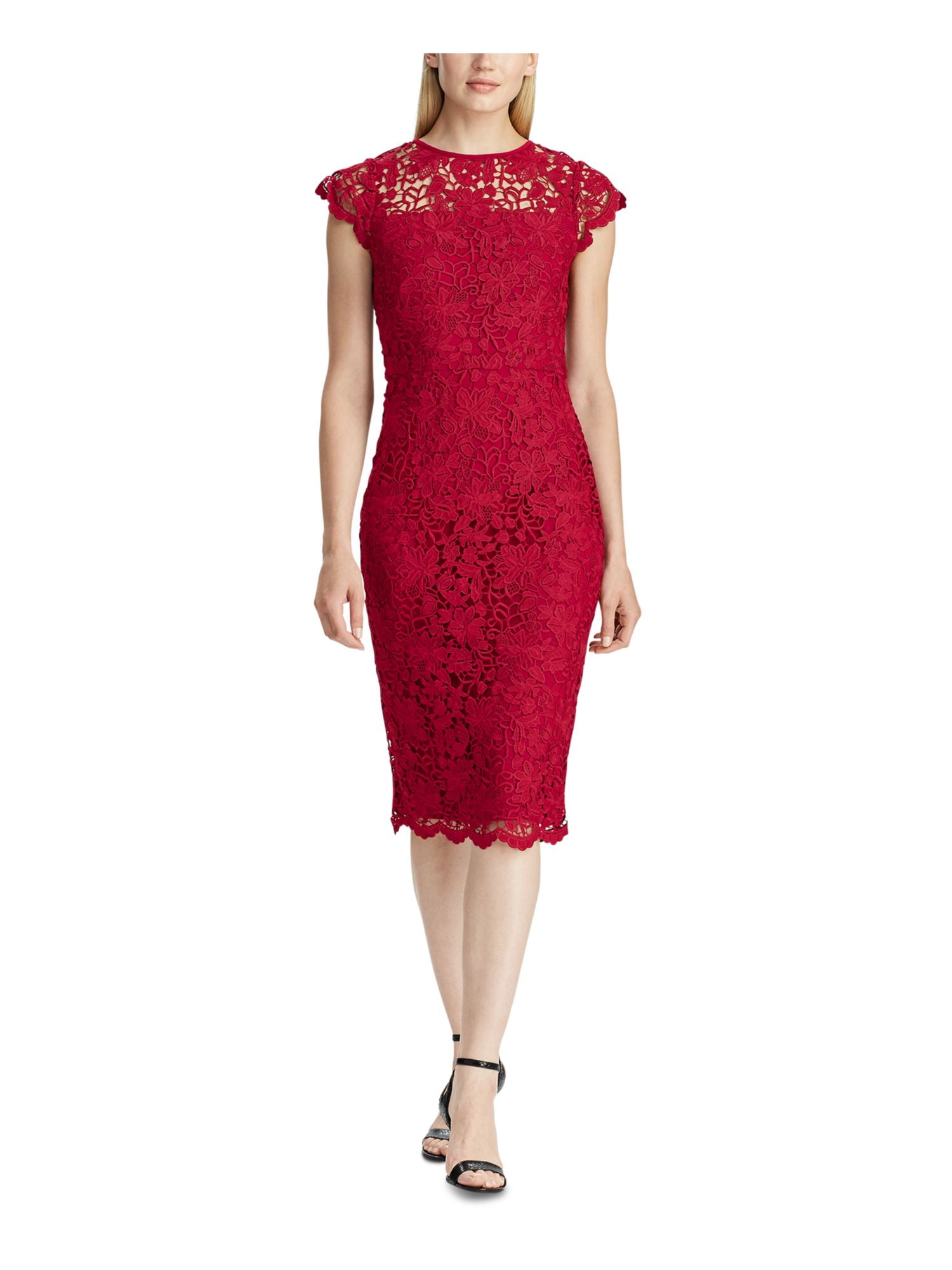 RALPH LAUREN Womens Red Sleeveless Illusion Neckline Midi Sheath Dress  Size: 2 