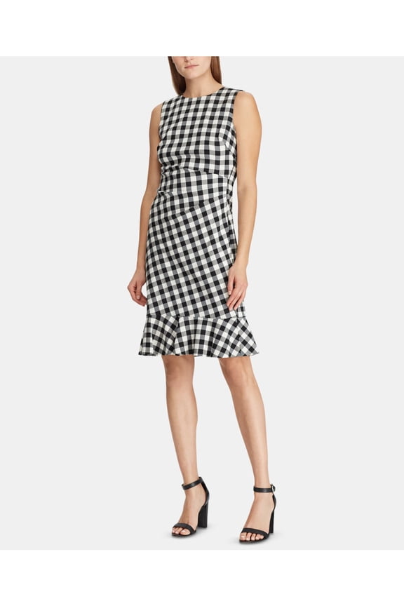 Womens White Check Sleeveless Jewel Neck Above The Knee Party Sheath Dress 8