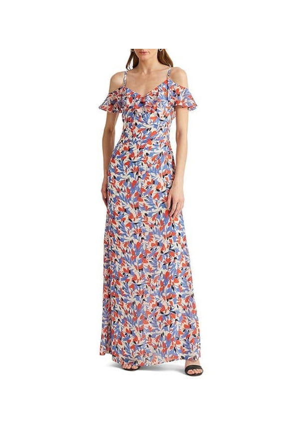 Womens White Cold Shoulder Zippered Sheer Lined Pleated Ruffled Printed Short Sleeve V Neck Full-Length Gown Dress 4