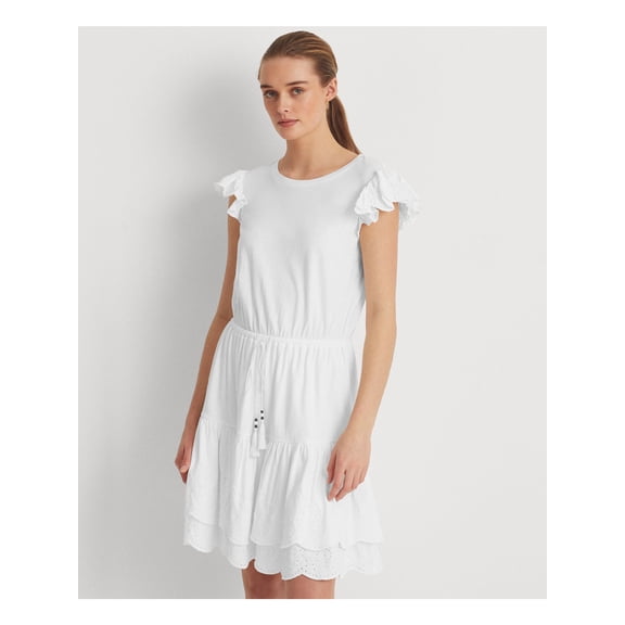 RALPH LAUREN Womens White Eyelet Ruffled Drawstring Waist Lined Tiered Flutter Sleeve Round Neck Above The Knee Fit   Flare Dress 0