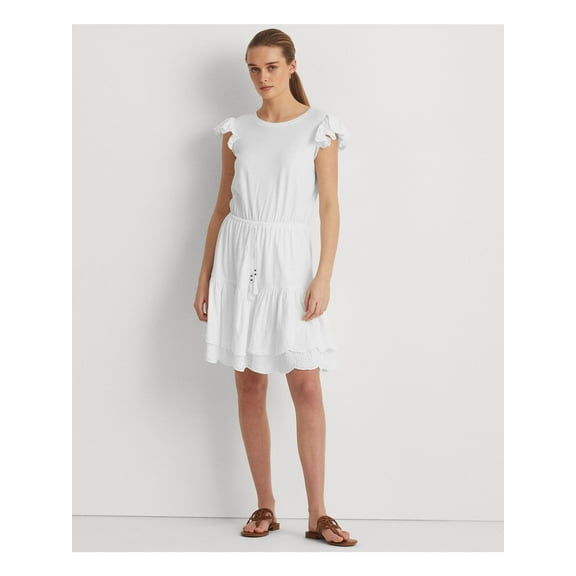 RALPH LAUREN Womens White Eyelet Ruffled Drawstring Waist Lined Tiered Flutter Sleeve Round Neck Above The Knee Fit + Flare Dress 12