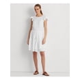 thumbnail image 1 of RALPH LAUREN Womens White Eyelet Ruffled Drawstring Waist Lined Tiered Flutter Sleeve Round Neck Above The Knee Fit + Flare Dress 2, 1 of 4
