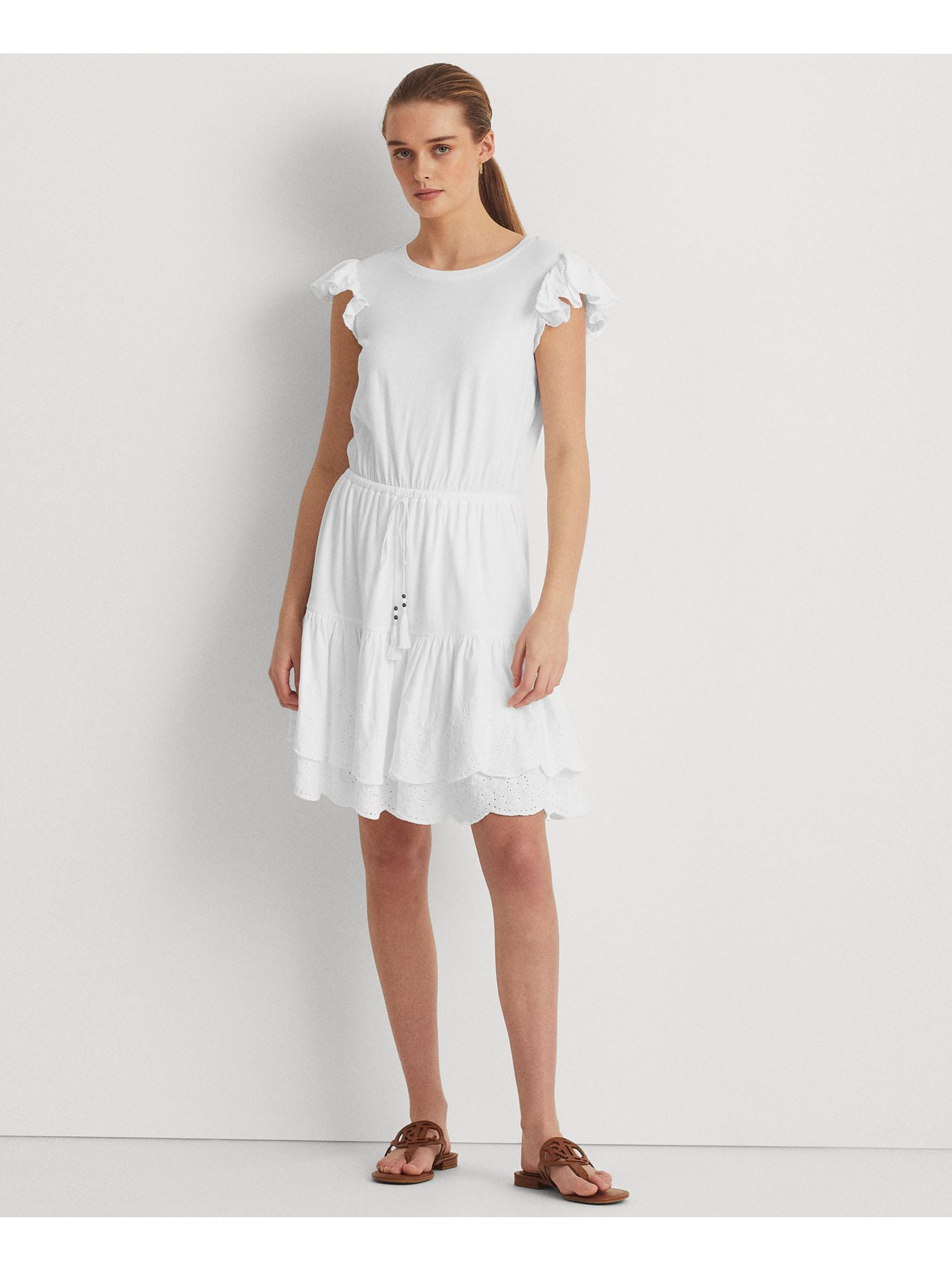 RALPH LAUREN Womens White Eyelet Ruffled Drawstring Waist Lined Tiered ...