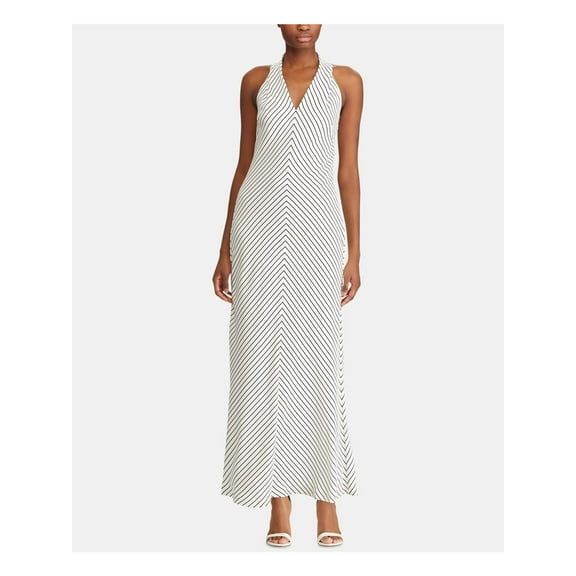 RALPH LAUREN Womens White Striped Sleeveless V Neck Maxi Dress Size: 14