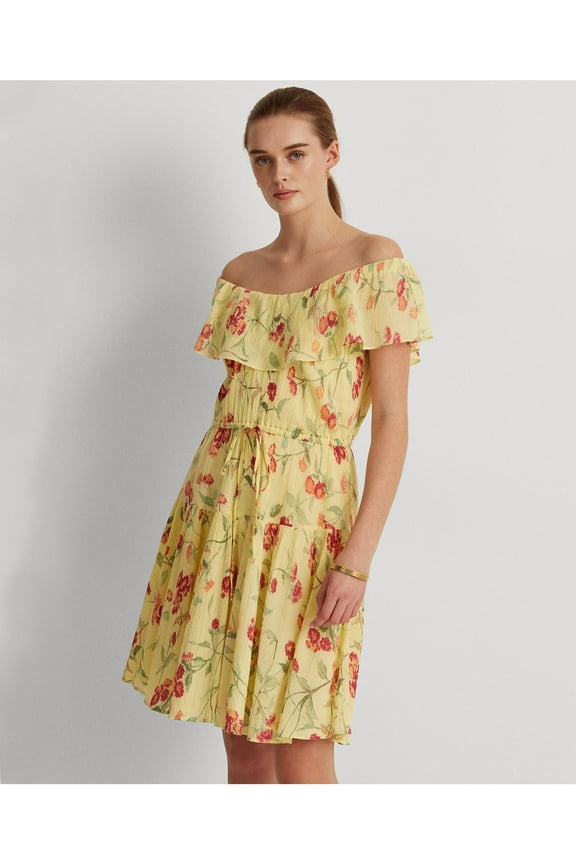 Womens Yellow Ruffled Elastic Drawstring Waist Lined Floral Flutter Sleeve Off Shoulder Knee Length Party Fit + Flare Dress 14