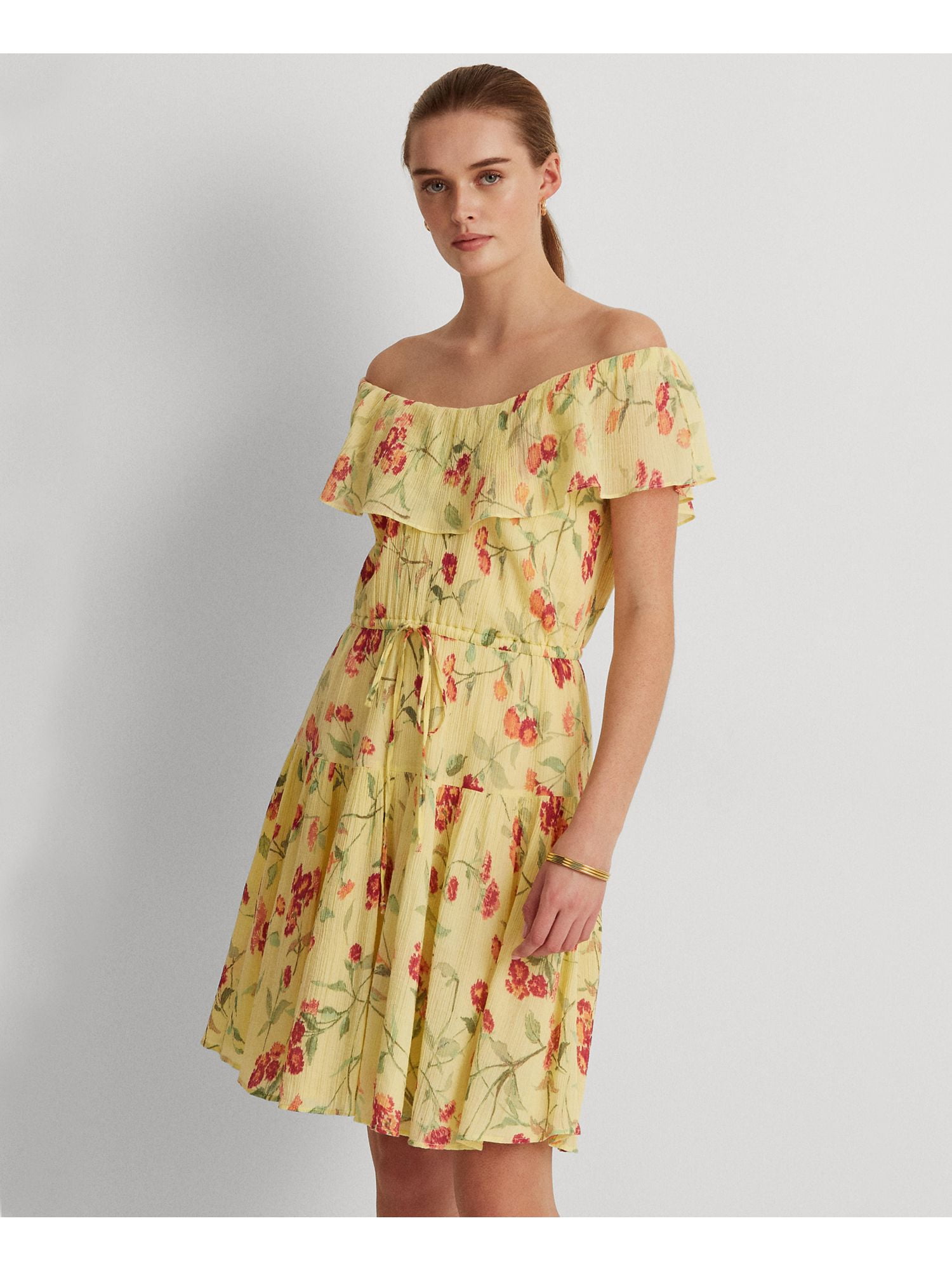 ローレン american sleeve flare dress　ワンピース RALPH LAUREN Womens Yellow Ruffled Elastic Drawstring Waist