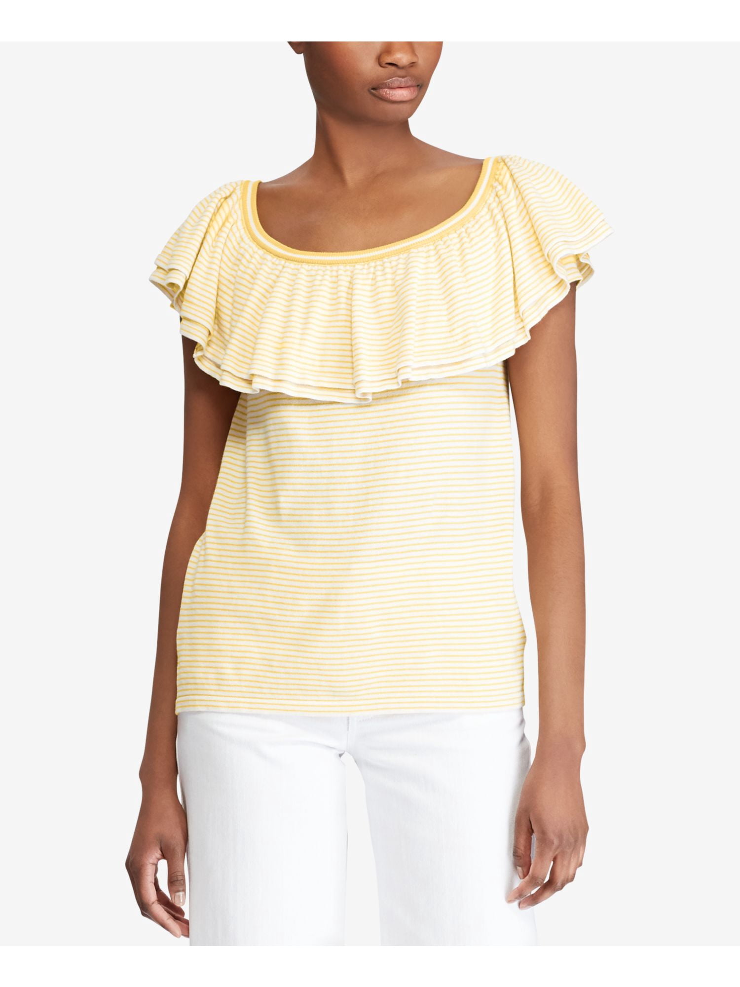 RALPH LAUREN Womens Yellow Ruffled Striped Scoop Neck Top XS - Walmart.com