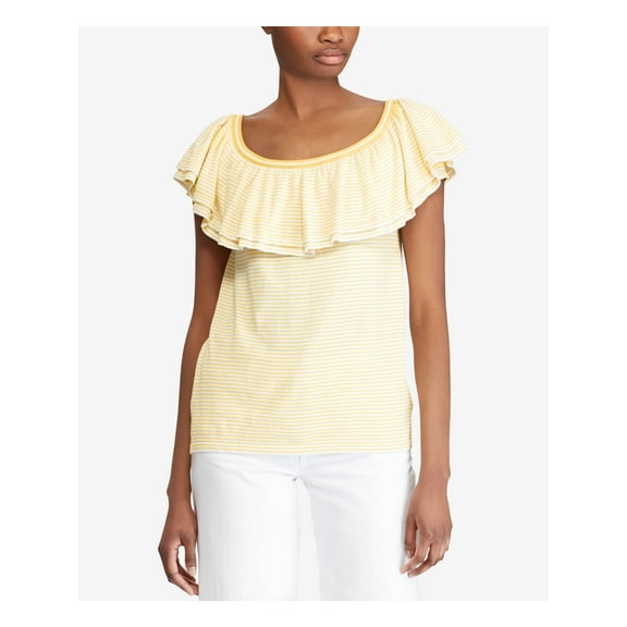 RALPH LAUREN Womens Yellow Ruffled Striped Sleeveless Jewel Neck Top L