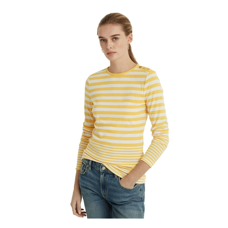 RALPH LAUREN Womens Yellow Striped Long Sleeve Crew Neck Top XL