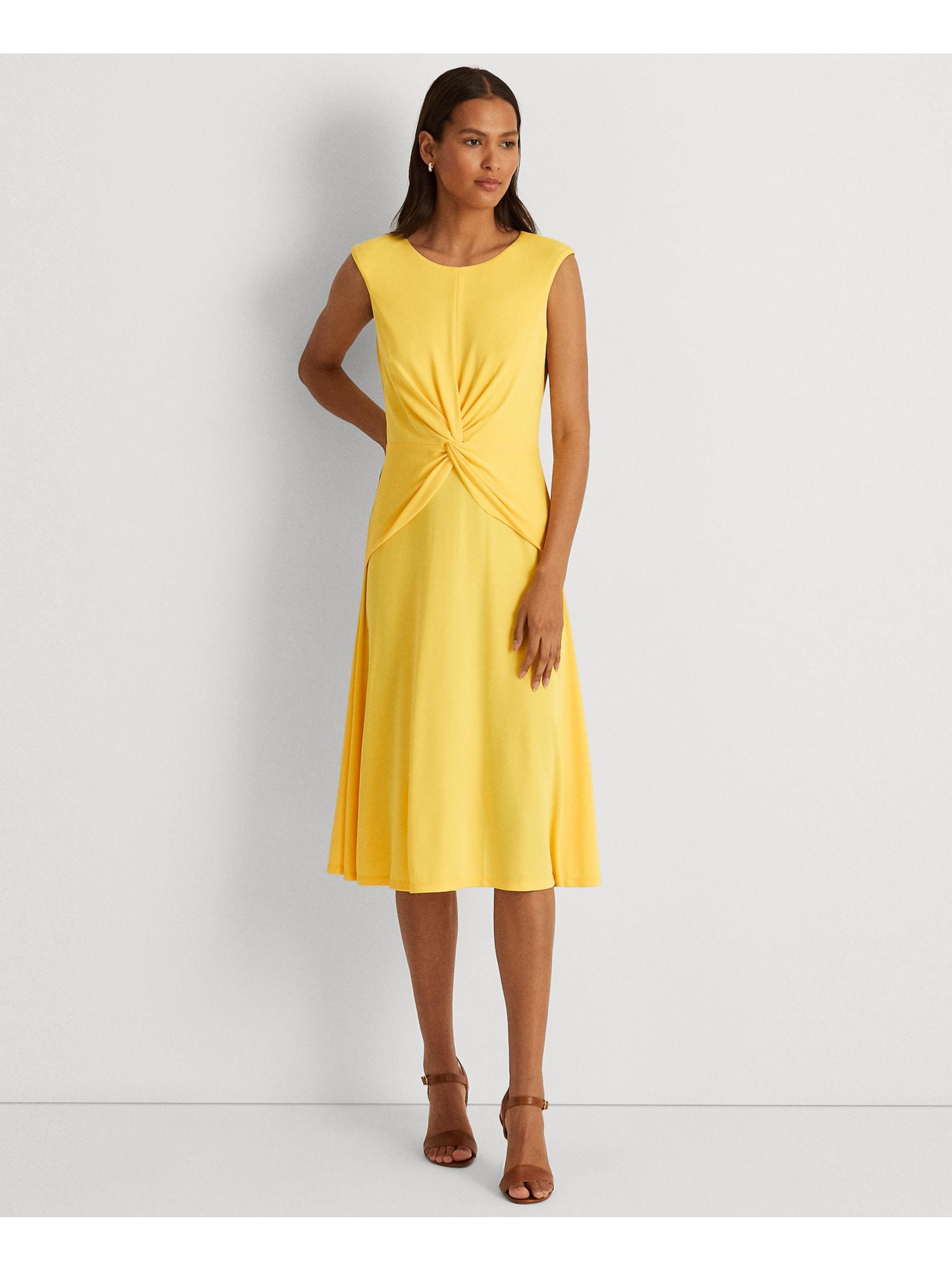 RALPH LAUREN Womens Yellow Zippered Twist Front Sleeveless Round Neck Knee  Length Party Fit + Flare Dress 2 - Walmart.com