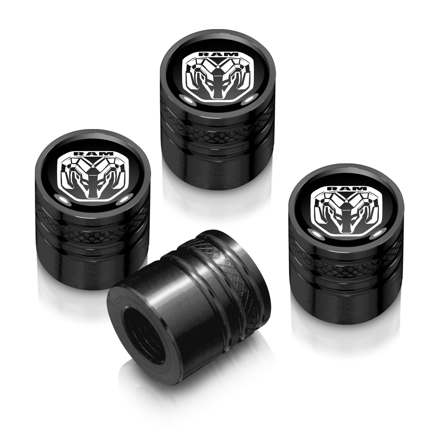 RAM 2019 Logo in Black on Black Aluminum Cylinder-Style Tire Valve Stem Caps