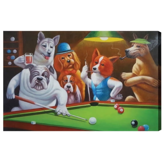 RAM Game Room 36 x 24 in. Dogs Playing Pool Oil Painting on Canvas