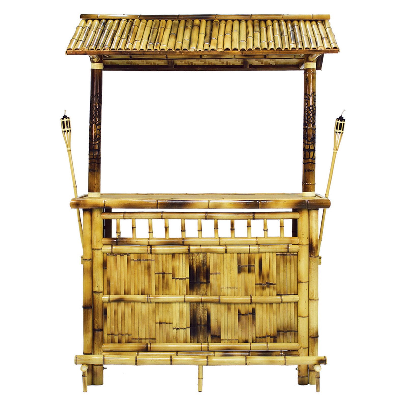 RAM Gameroom Products Bamboo Tiki Indoor/Outdoor Bar Cabinet with 2 Shelves and Tiki Torches