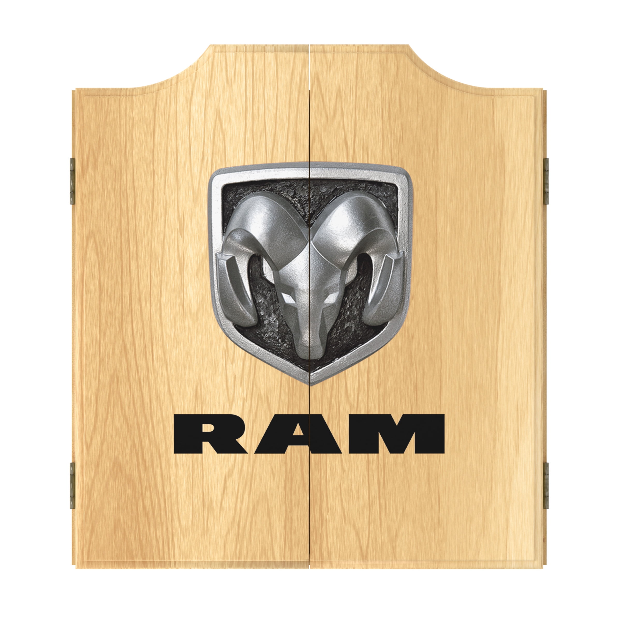 RAM Logo Light Brown Wood Dartboard Cabinet Set with Steel Tip Darts