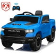thumbnail image 1 of RAM 1500 Ride on Car Toy for Kids, 12V Powered Ride on Truck Toy with Remote Control, 4 Wheel Suspension, Safety Belt, Music, Bluetooth, LED Lights, Electric Cars for 3-5 Yrs Boy Girl, Blue, 1 of 12
