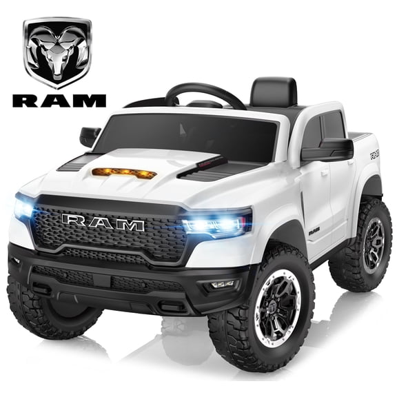 RAM 1500 Ride on Car Toy for Kids, 12V Powered Ride on Truck Toy with Remote Control, 4 Wheel Suspension, Safety Belt, Music, Bluetooth, LED Lights, Electric Cars for 3-5 Yrs Boy Girl, White