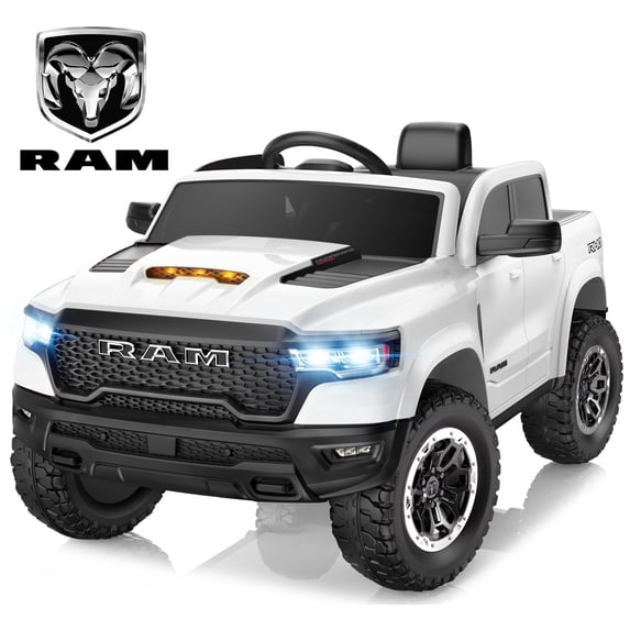 RAM 1500 Ride on Car Toy for Kids, 12V Powered Ride on Truck Toy with Remote Control, 4 Wheel Suspension, Safety Belt, Music, Bluetooth, LED Lights, Electric Cars for 3-5 Yrs Boy Girl, White