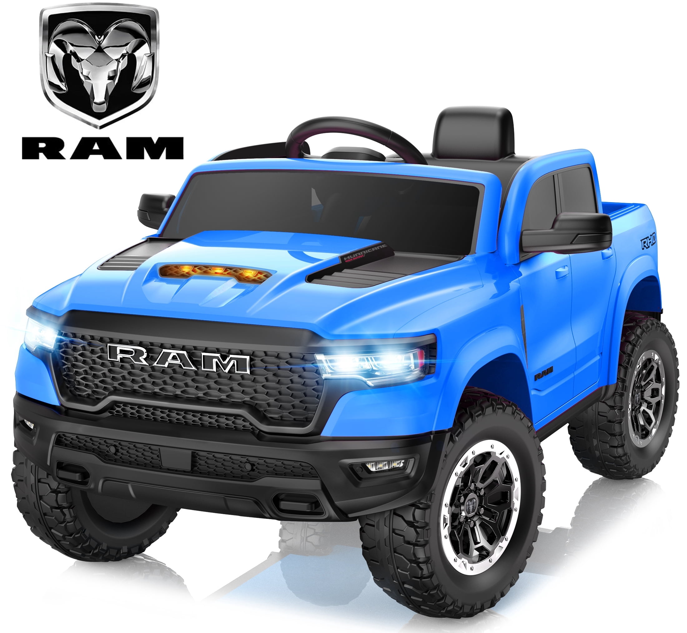 RAM 1500 Ride on Car Toy for Kids, 12V Powered Ride on Truck Toy with Remote Control, 4 Wheel Suspension, Safety Belt, Music, Bluetooth, LED Lights, Electric Cars for 3-5 Yrs Boy Girl, Blue