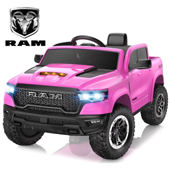 RAM 1500 Ride on Car Toy for Kids, 12V Powered Ride on Truck Toy with Remote Control, 4 Wheel Suspension, Safety Belt, Music, Bluetooth, LED Lights, Electric Cars for 3-5 Yrs Boy Girl, Pink