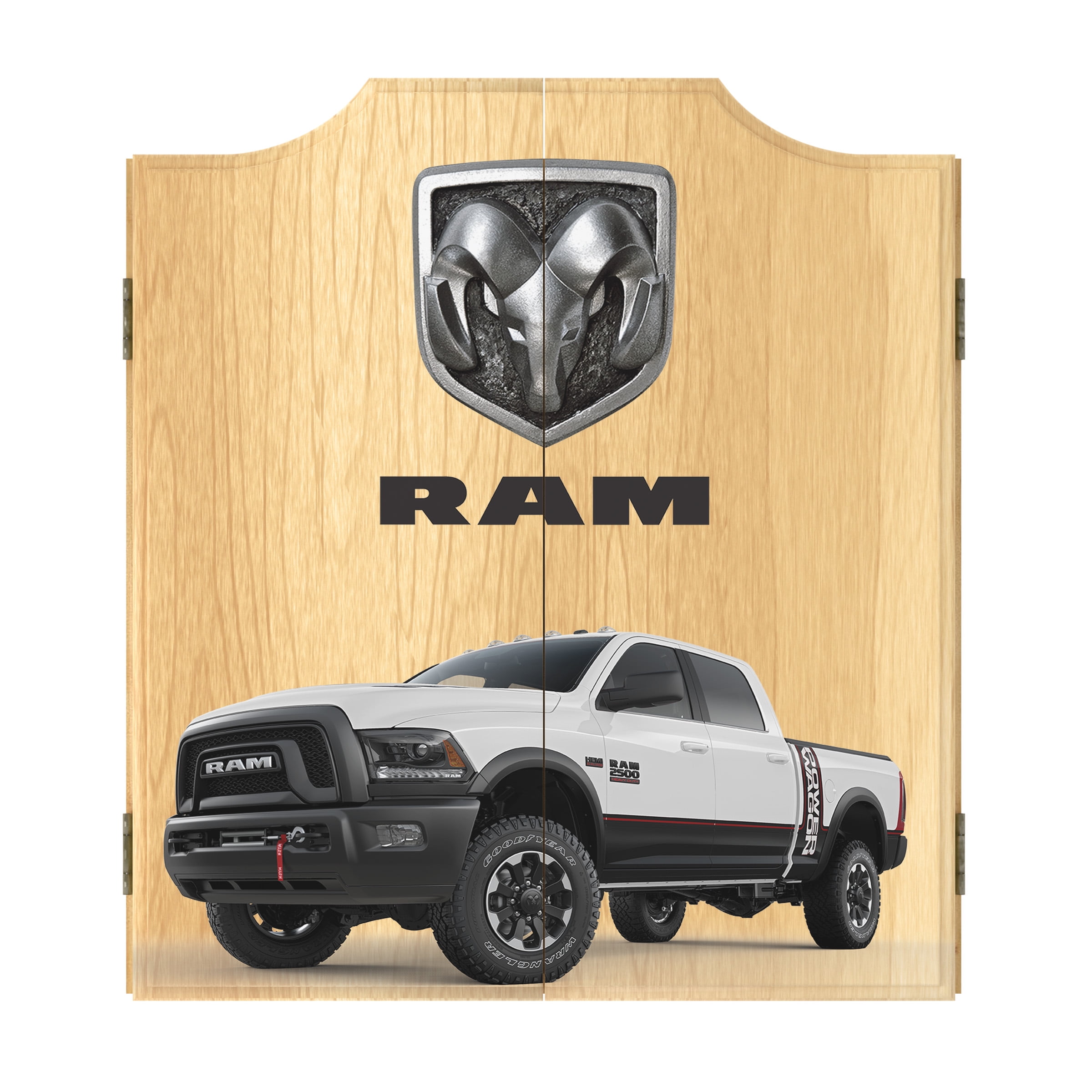 RAM Truck White Dart Board Cabinet Set with 6 Steel Tip Darts